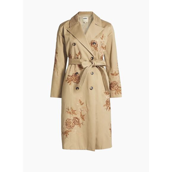 L'AGENCE  Venus Floral-Embroidered Double-Breasted Trench Coat in Tan 6 - Picture 7 of 7
